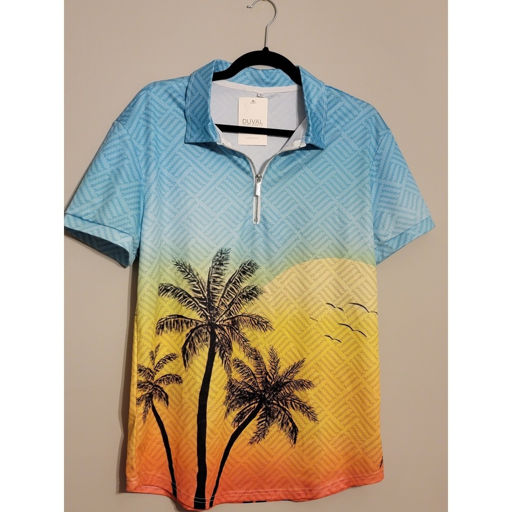 Duval Mens Large Tropical Sunset gradient‎ Quarter Zip Polo Shirt